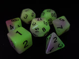 Old School 7 Piece DnD RPG Dice Set: Glow Dice - Yellow & Purple