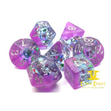 Old School 7 Piece DnD RPG Dice Set: Infused - Mixed Stars w/ Purple & Silver - Corn Coast Comics