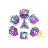 Old School 7 Piece DnD RPG Dice Set: Infused - Mixed Stars w/ Purple & Silver - Corn Coast Comics