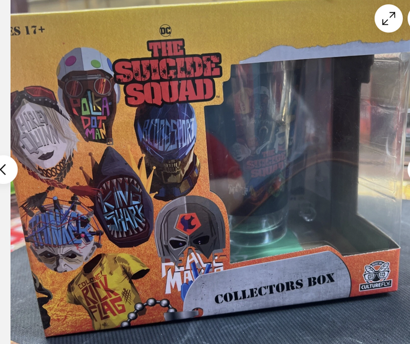 DC Comics Suicide Squad Collectors Box Pint Glass, Duffel Bag, Cards, Pin, Art