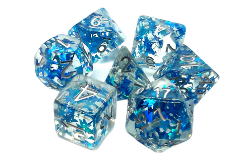 Old School 7 Piece DnD RPG Dice Set: Infused - Blue Butterfly w/ Silver