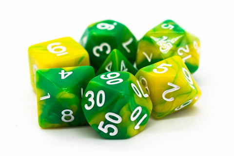 Old School 7 Piece DnD RPG Dice Set: Vorpal - Green & Yellow