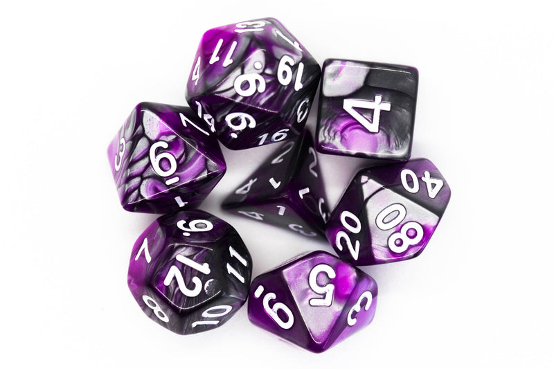 Old School 7 Piece DnD RPG Dice Set: Vorpal - Silver & Purple