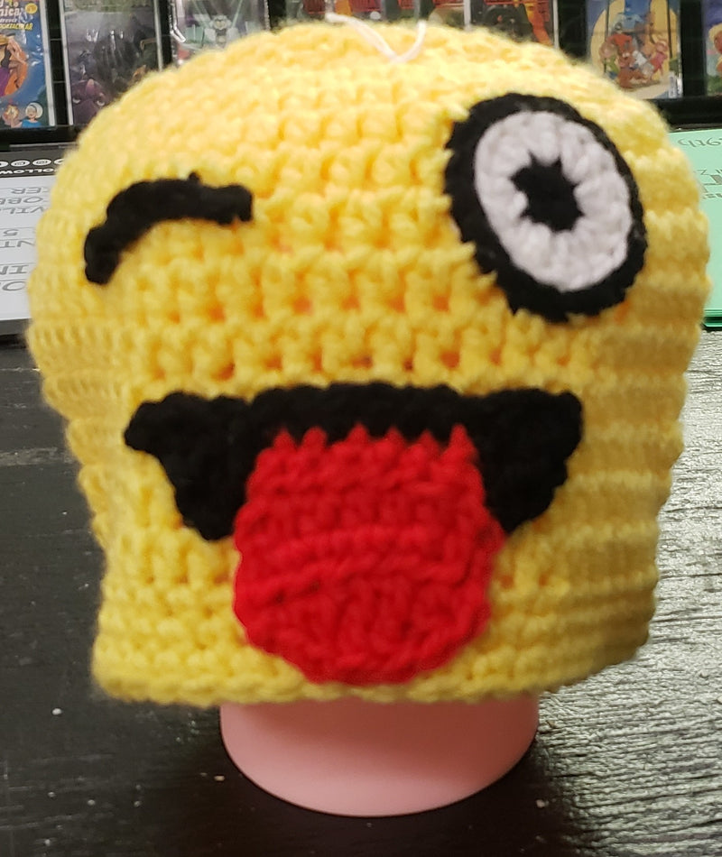 Winking smiling face with tongue emoji child knitted winter hat