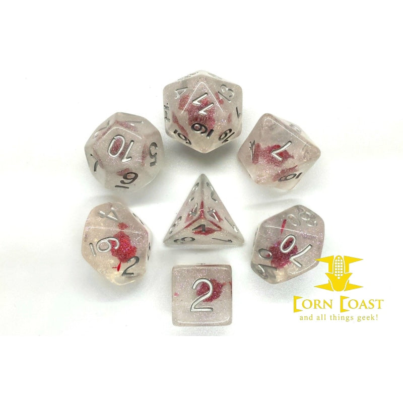 Old School 7 Piece DnD RPG Dice Set: Infused - Iridescent Red Flower - Corn Coast Comics