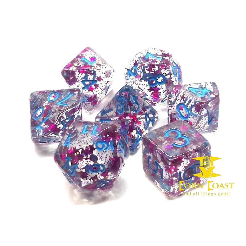 Old School 7 Piece DnD RPG Dice Set: Infused - Red Stars w/ Blue - Corn Coast Comics