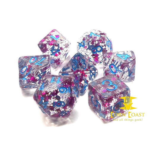 Old School 7 Piece DnD RPG Dice Set: Infused - Red Stars w/ Blue - Corn Coast Comics