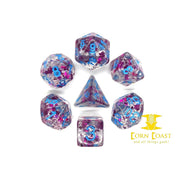 Old School 7 Piece DnD RPG Dice Set: Infused - Red Stars w/ Blue - Corn Coast Comics