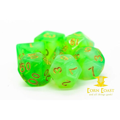 Old School 7 Piece DnD RPG Dice Set: Nebula - Lightning Green - Corn Coast Comics