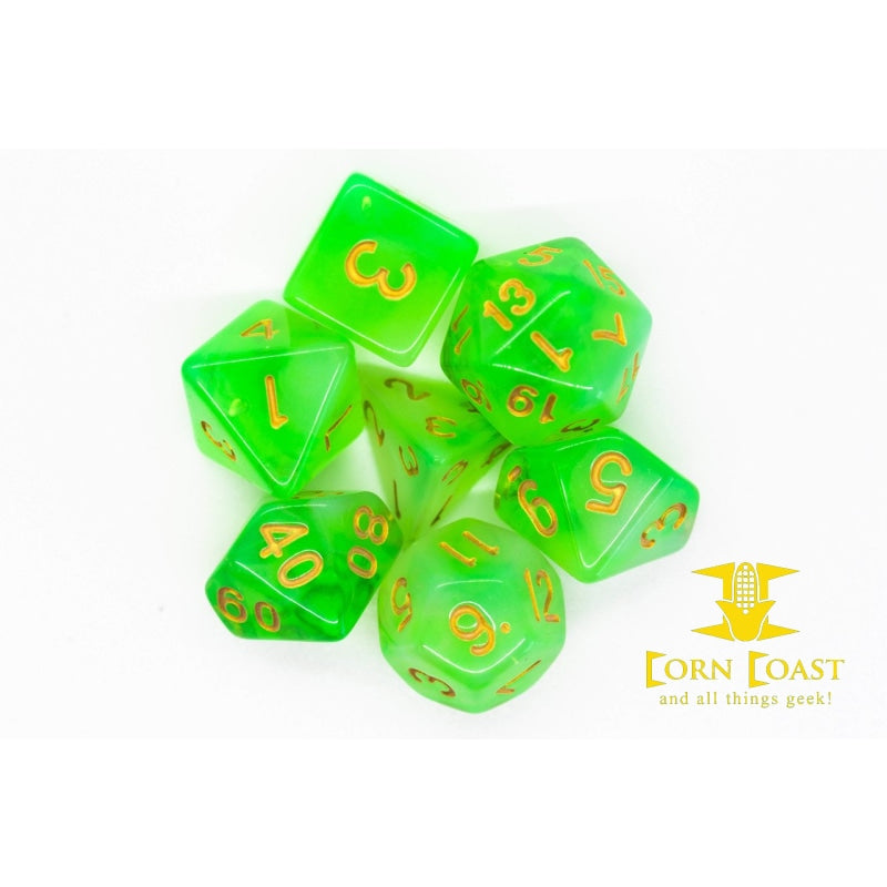 Old School 7 Piece DnD RPG Dice Set: Nebula - Lightning Green - Corn Coast Comics