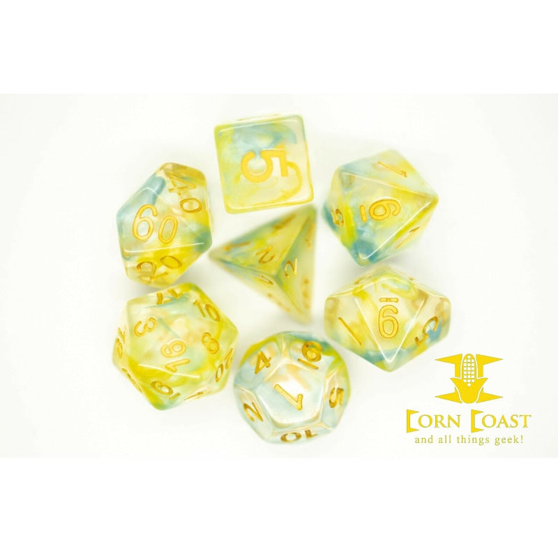 Old School 7 Piece DnD RPG Dice Set: Nebula - Yellow & Blue 