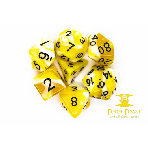 Old School 7 Piece DnD RPG Dice Set: Vorpal - Yellow & White w/ Black - Corn Coast Comics