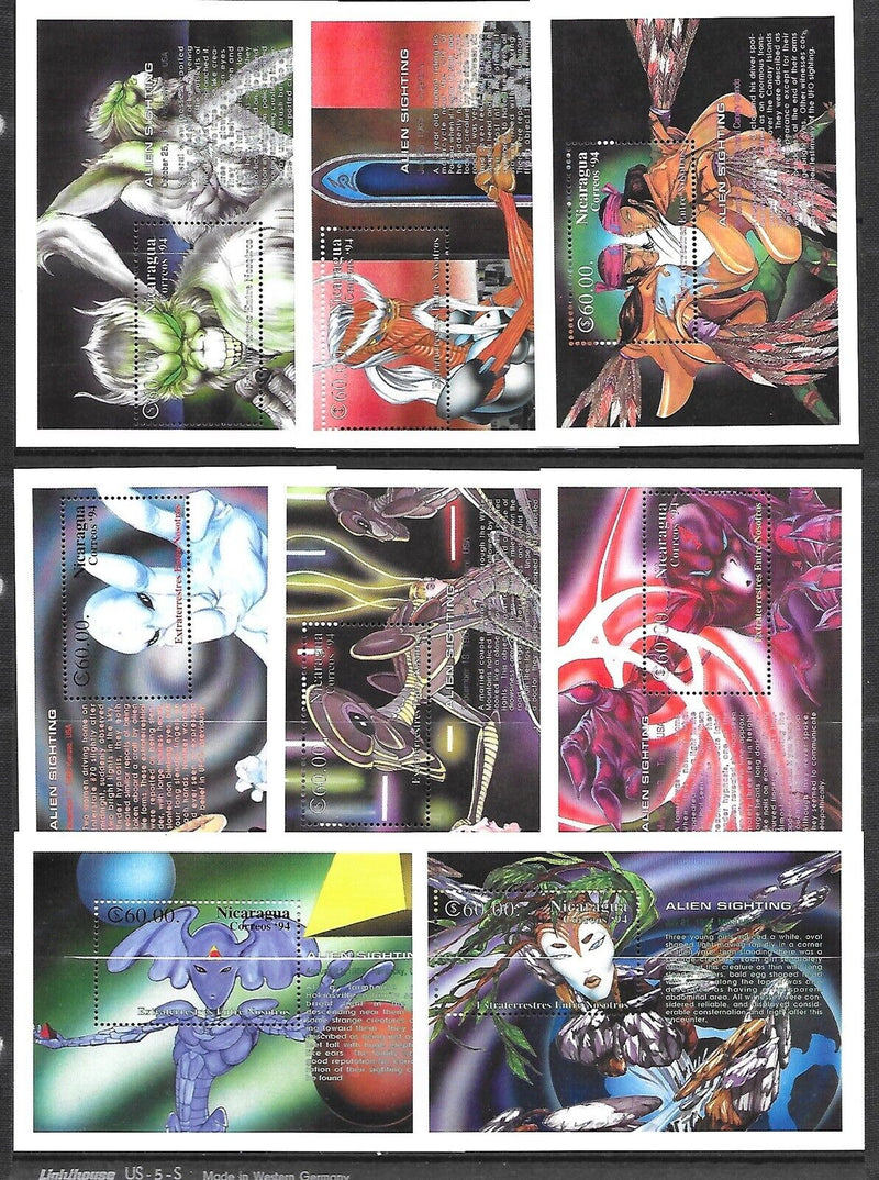 NICARAGUA 8 SOUVENIR SHEET OF 1994 - ALIEN SIGHTINGS Stamps