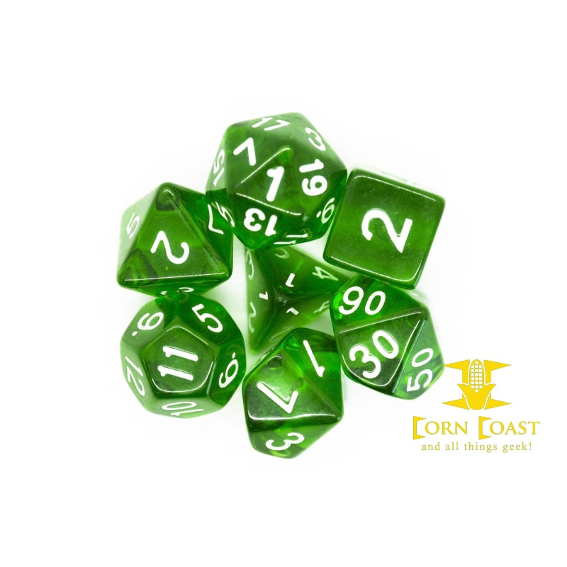 Old School 7 Piece DnD RPG Dice Set: Translucent Green - Corn Coast Comics