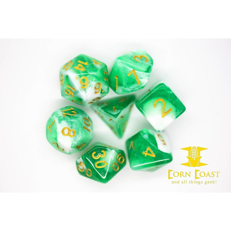 Old School 7 Piece DnD RPG Dice Set: Vorpal - Cyan & White w/ Gold - Corn Coast Comics
