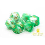 Old School 7 Piece DnD RPG Dice Set: Vorpal - Cyan & White w/ Gold - Corn Coast Comics