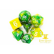 Old School 7 Piece DnD RPG Dice Set: Vorpal - Green & Yellow - Corn Coast Comics