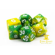 Old School 7 Piece DnD RPG Dice Set: Vorpal - Green & Yellow - Corn Coast Comics